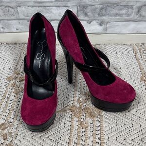 Jessica Simpson Maroon Suede Mary Jane Platform Heels with Black Patent Trim
